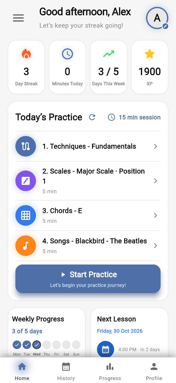 My Music Journey dashboard showing Alex's streak, weekly practice plan, progress, and next lesson