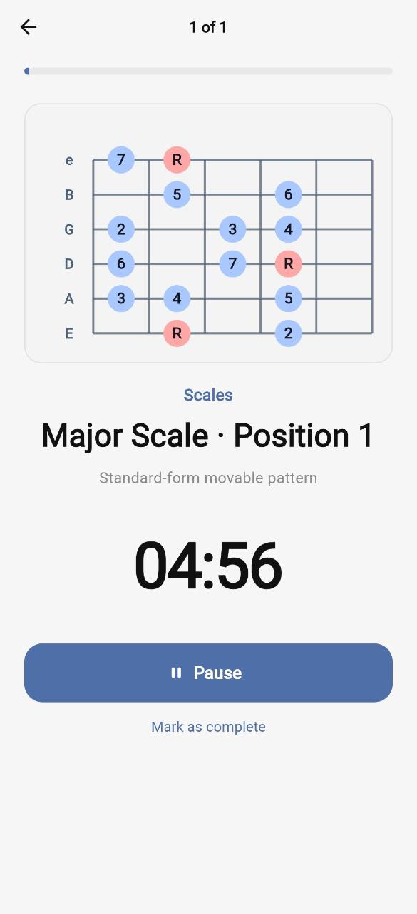 My Music Journey practice screen showing a major scale guitar pattern, timer, and pause control